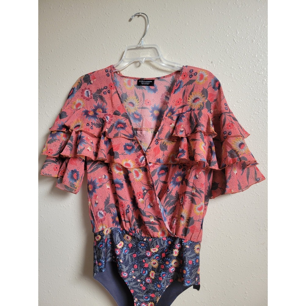 Zara Colorful Floral Ruffle Chiffon Romantic Short Sleeve Bodysuit Sz M - Picture 3 of 15